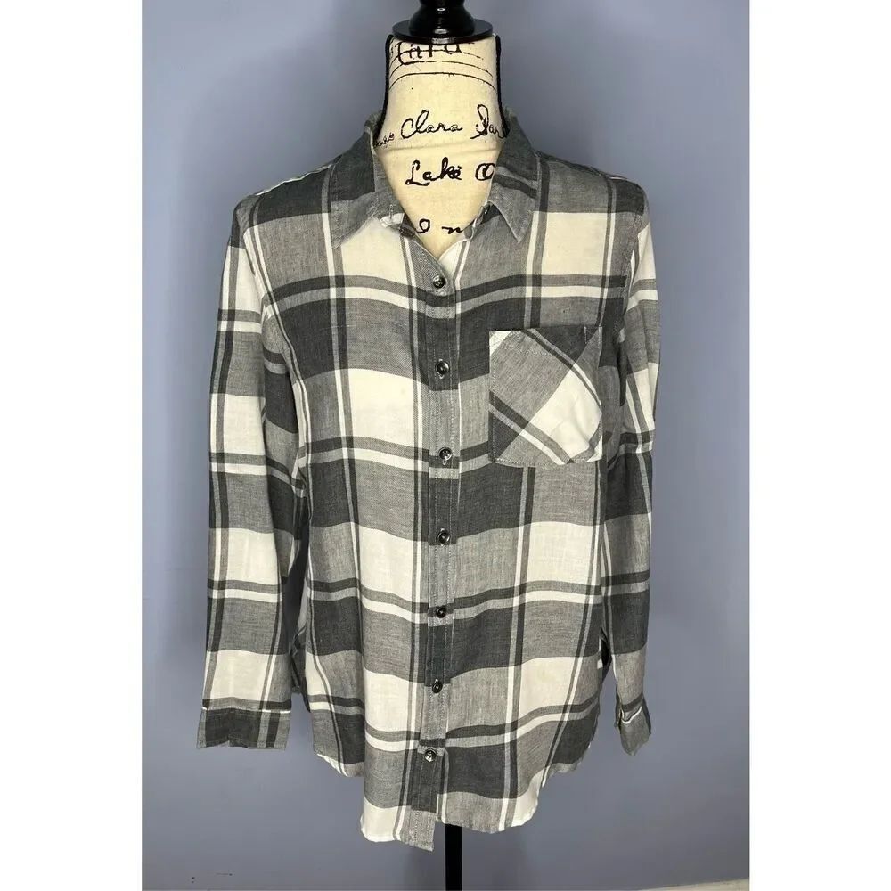 Vanilla Star Women's Medium Black Grey White Long Sleeve Button Down Shirt Top